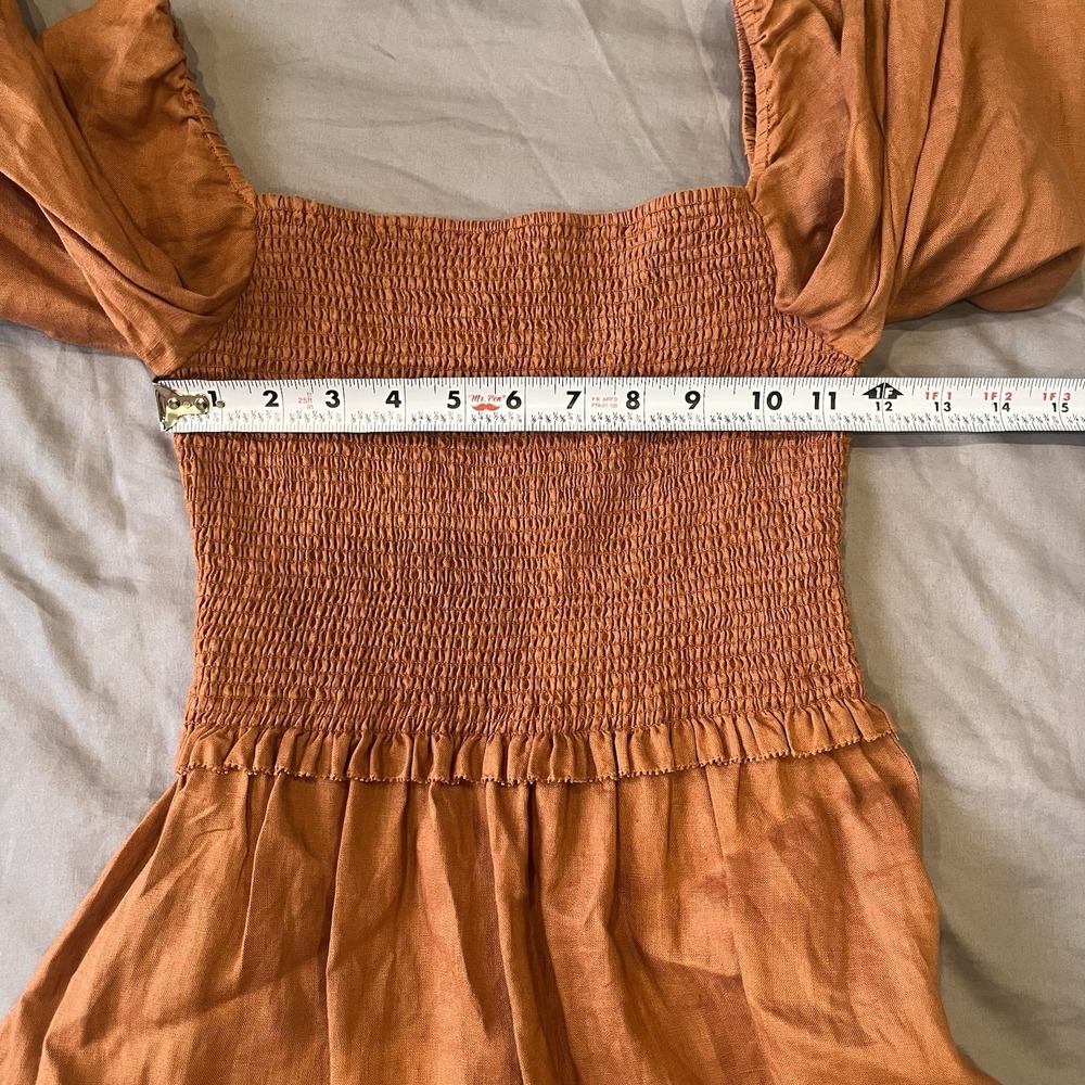 Quince European Linen Smocked Mini Long Sleeve Dress Terracotta Brown XS Peasant - Picture 5 of 8